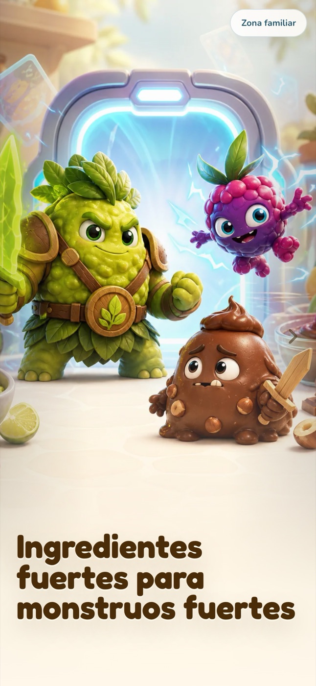 Food Friends dentro de la app Yukids: un personaje de guacamole, una frambuesa y uno de chocolate con espada de madera